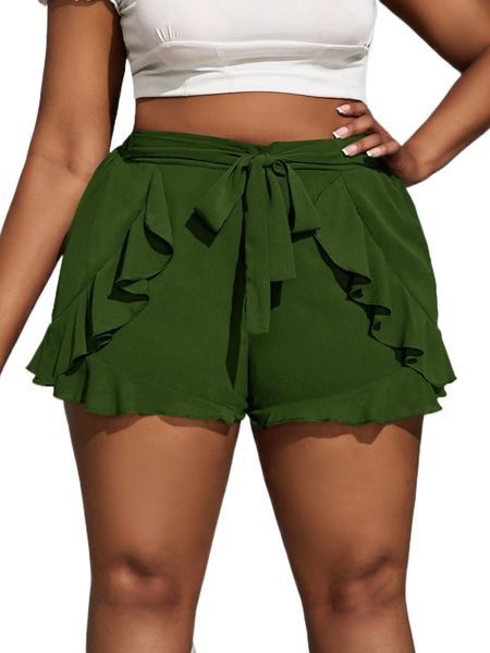 

sxy plus ruffle trim tie front shorts x6xt#, Black