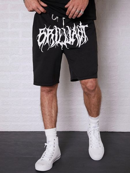 

men letter graphic drawstring waist shorts f0jp#, White;black