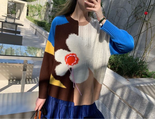 

women's knits & tees designer 100 wool knitted sweater women's 2021 autumn new color matching floret round neck loose rmfo2022, White