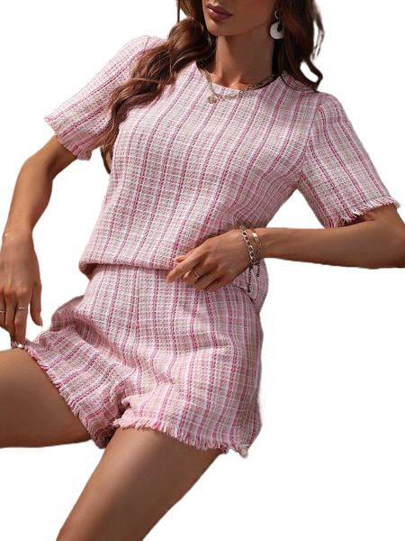 

plaid pattern raw trim & shorts i5fu#, White
