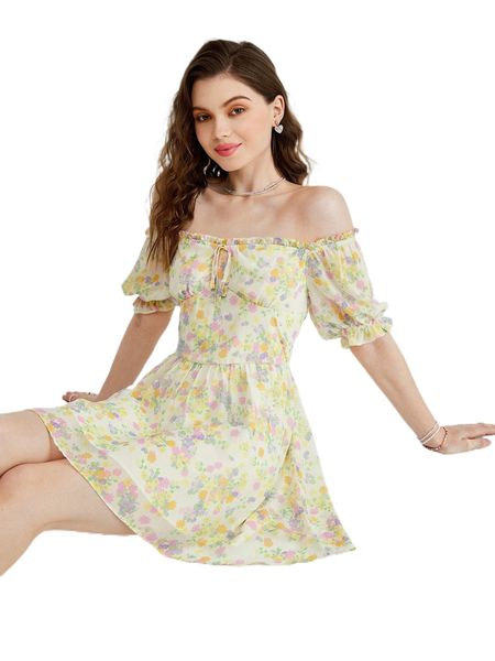 

1 pc floral print off shoulder frill knot front dress f0tc#, Black;gray