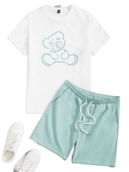 

men bear print tee & drawstring waist shorts q6hp#, Gray