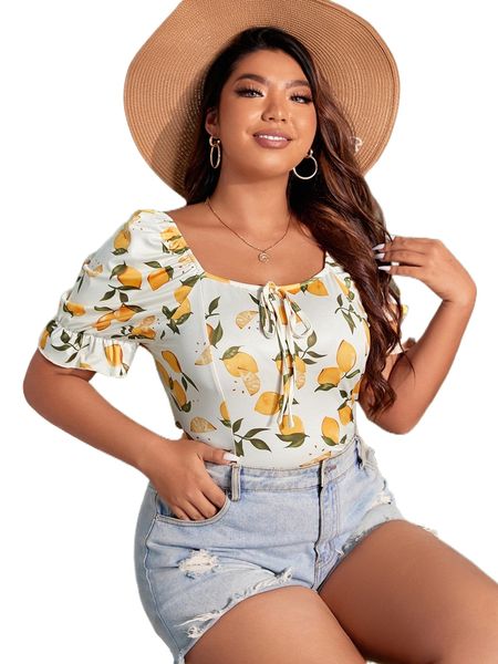 

plus fruit print puff sleeve knot front tee t0gk#, Black