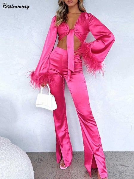 

feather pants crop and split trousers piece sets women fashion flare long sleeve tie up blouse high waist, White