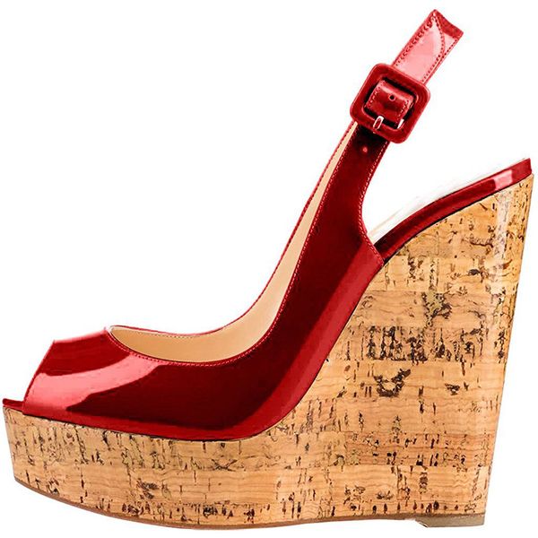 

fashion- sandals women patent leather ankle strap shoes wedges platform high heels sandals woman sandalias party designer shoes women, Black