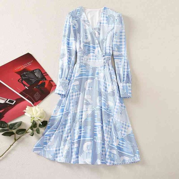 

casual dresses early autumn women's cross v-neck elastic waist geometric print long sleeve dress, Black;gray