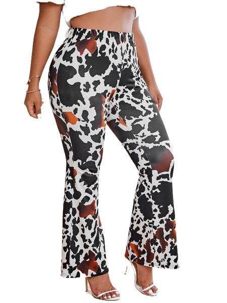 

plus allover print high rise flare leg pants l6t6#, Black