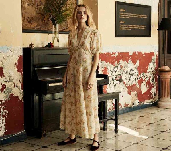 

casual dresses doen spring / summer french pastoral v-neck printed bubble sleeve long dress, Black;gray