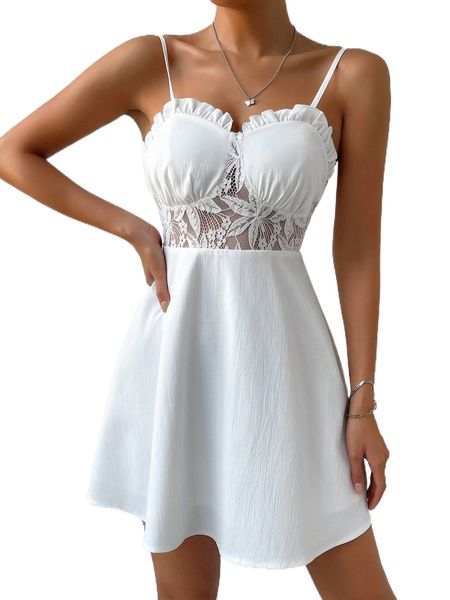 

contrast lace ruffle trim cami dress 48wt#, Black;gray