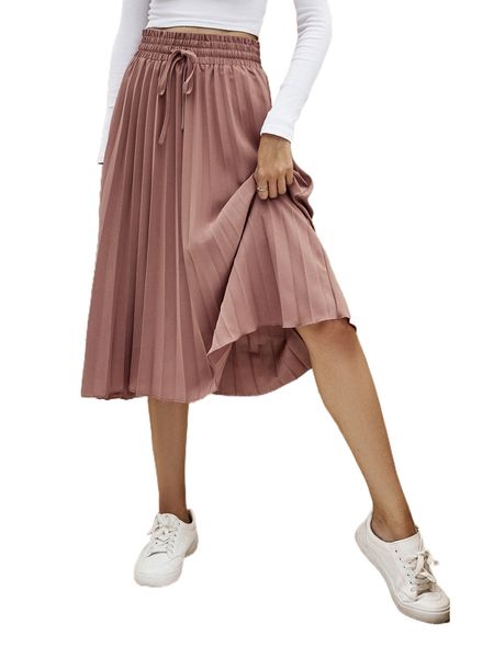 

shirred drawstring waist pleated skirt v5pa#, Black