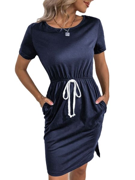 

knot front split hem dress m8zt#, Black;gray