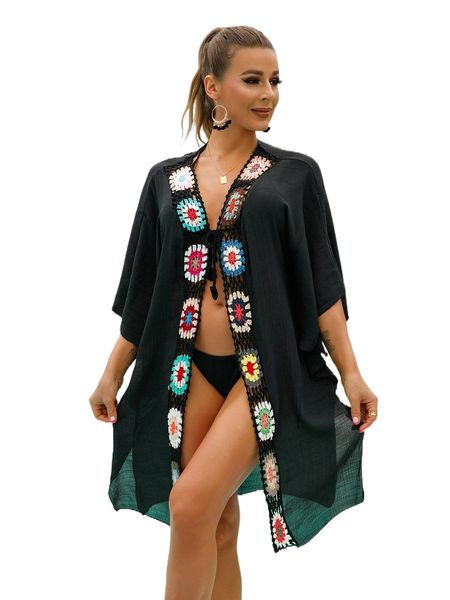 

floral crochet panel knot front kimono z9tv#, White;black