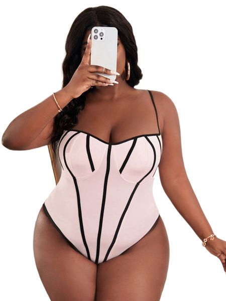 

plus contrast binding criss cross bodysuit a5us#, Black