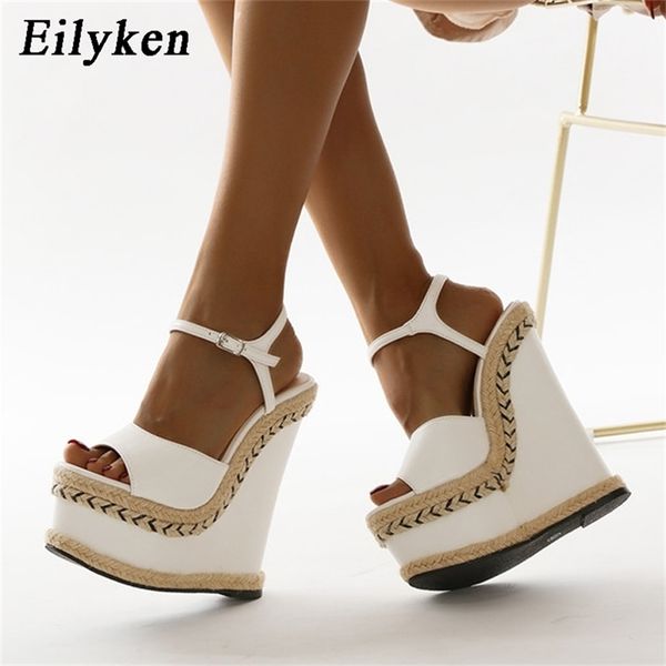 

eilyken size 35-42 white sandals for women summer fashion open toe ankle buckle strap platform wedge heels ladies dress shoes 220406, Black