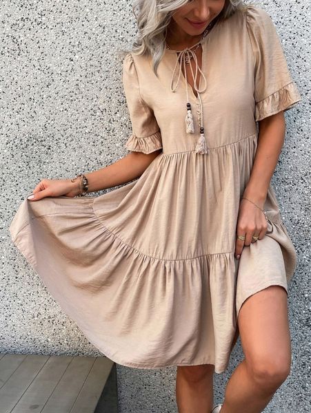 

flounce sleeve tassel tie ruffle hem smock dress r1u6#, Black;gray