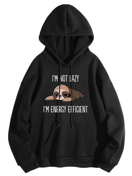 

cartoon & slogan graphic thermal hoodie t0pa#, Black