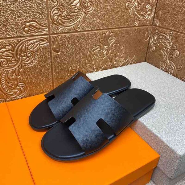

original herme sandals slippers europe station 2022 fashion leather breathable h slippers men's flip flops wear h fashion brand sandals, Black