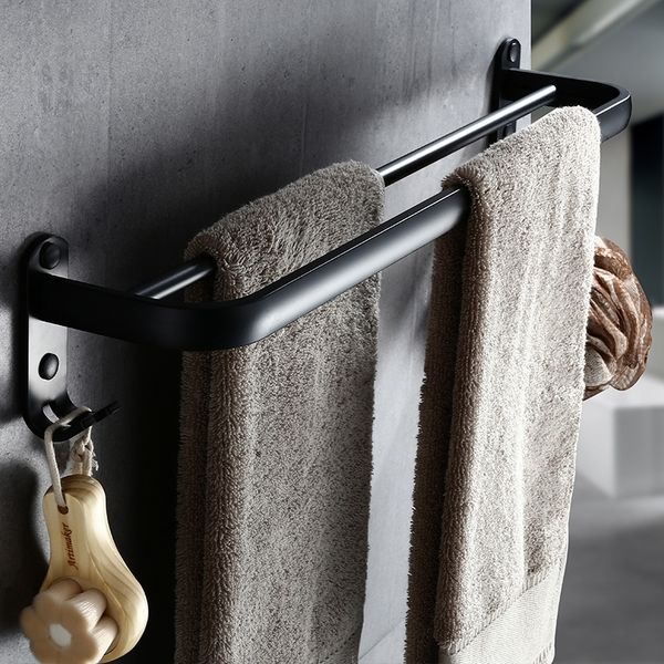 Banheiro de 50cm bar duplo bar preto toalha rack rack de parede de banheiro alumínio com acessórios de gancho y200407