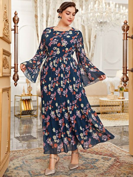 

plus random floral print plisse trumpet sleeve dress 759x#, Black