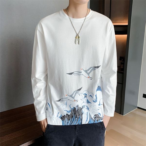 

45kg-100kg harajuku fashion men's t shirt casual o-neck long sleeve crane printed design tees 4xl 5xl 210412, White;black