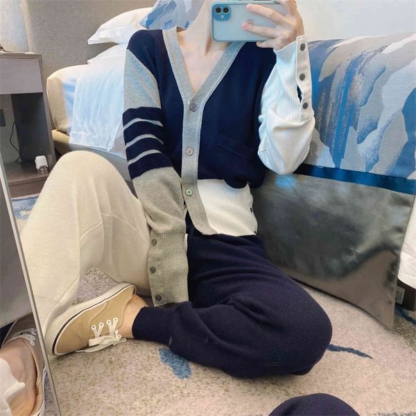 

summer explosion tb college style four bar contrast color loose wool knitted cardigan coat women's fashion casual leggings set, Gray