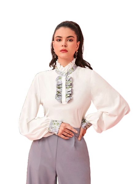 

contrast floral print mock neck lantern sleeve c9ao#, White