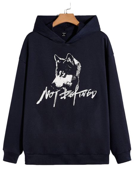 

men letter & wolf print drop shoulder hoodie w1ou#, Black