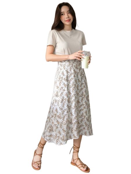 

dazy plants print flare hem skirt a9px#, Black