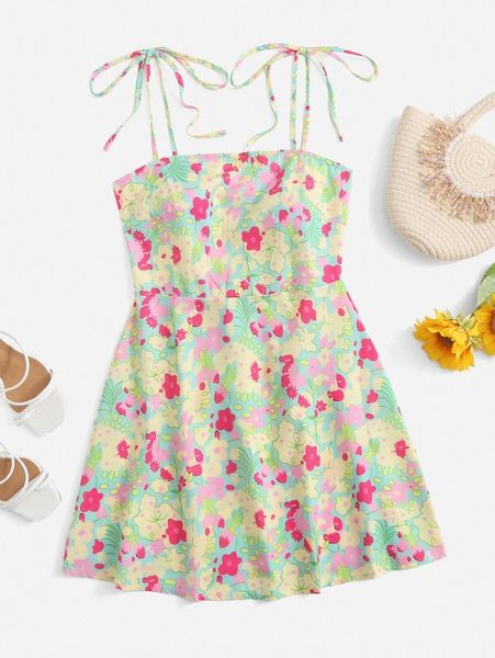 

mod floral print tie shoulder cami dress m1s0#, Black;gray