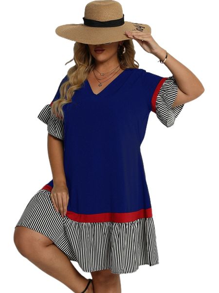 

plus contrast striped flounce sleeve smock dress y5jh#, Black