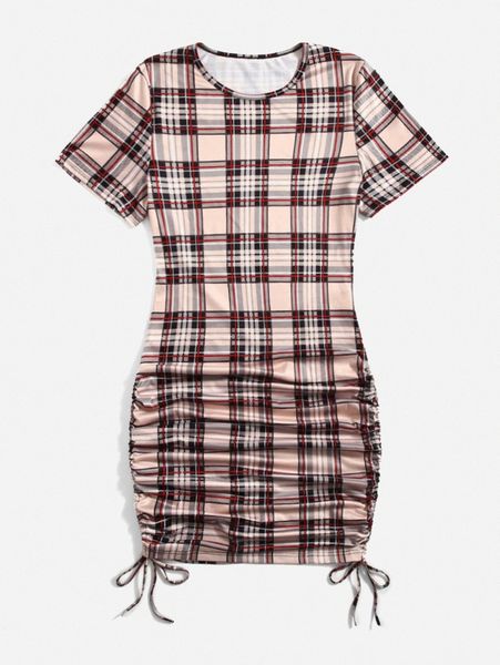 

plus plaid drawstring side dress w9fa#, Black