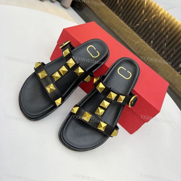 

flat stud slide sandal woman designers studs slippers black white blue leather spikes fashion home flip flops sandals summer platform sole s