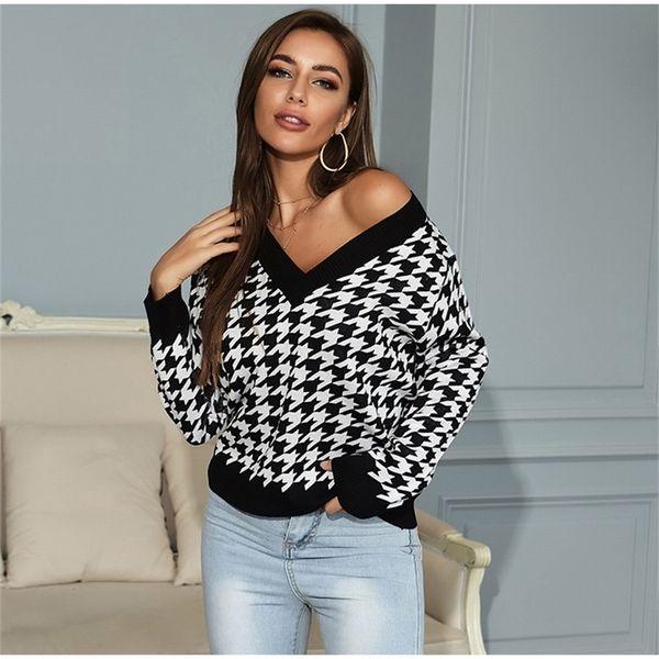 

houndstooth knitted autumn winter sweaters women v neck long sleeve elegant pullovers female fashion office ladies sweaters 201224, White;black