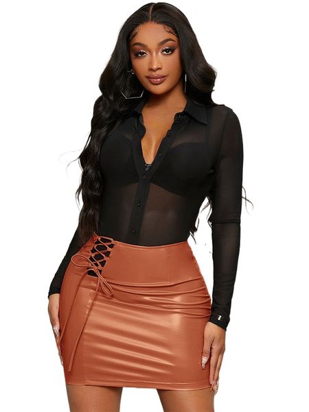 

sxy lace up patent skirt 16se#, Black