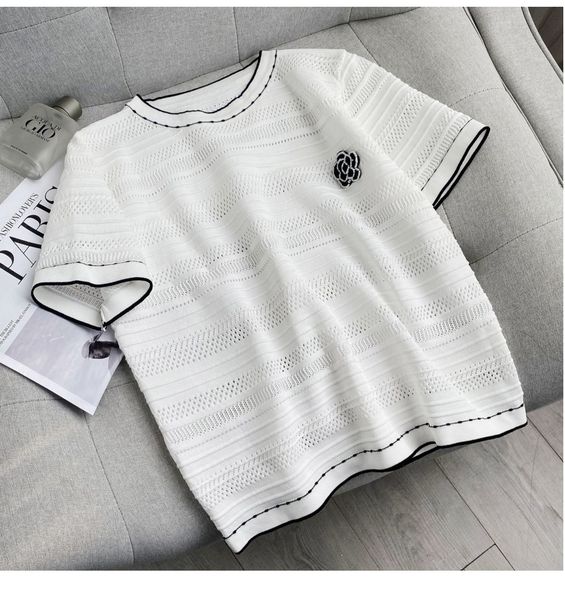 

515 2022 summer sweater prom fashion short sleeve beads crew neck pullover black flora print womens clothes brand same style weini, White;black