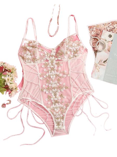 

plus plant embroidery sheer mesh lace-up teddy bodysuit y70z#, Black;white