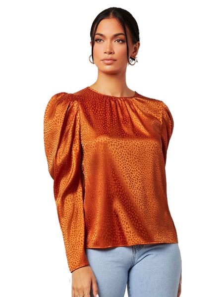 

jacquard gigot sleeve satin blouse 14fw#, White