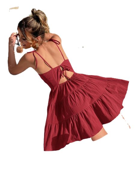 

textured tie shoulder ruffle hem cami dress i8a2#, Black;gray