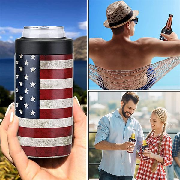 

slim can cooler, 4-in-1 can insulator for 12 oz beer & soda, double wall stainless steel can sleeves keep your beverages cold