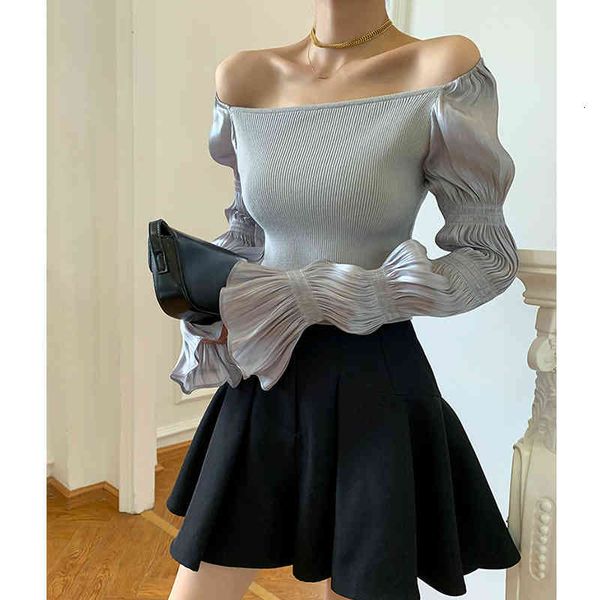 

women's knits & tees 2022 women's spring water bubble sleeve knitted square neck blouse, sneaky special, light cooked off shoulder, White