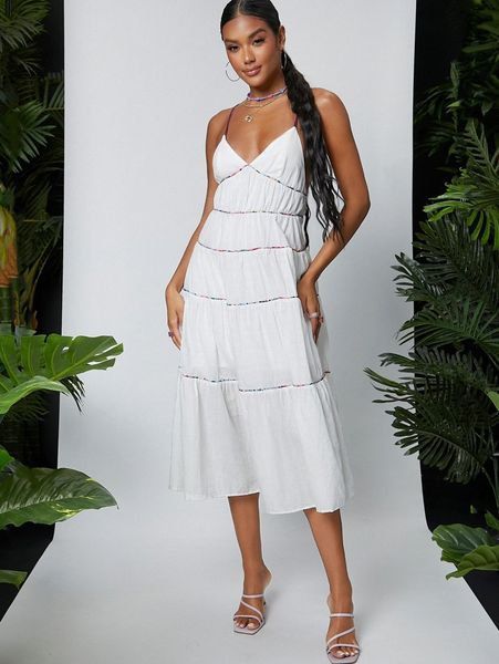 

plunging halter neck tiered ruffled midi dress 79tu#, Black;gray