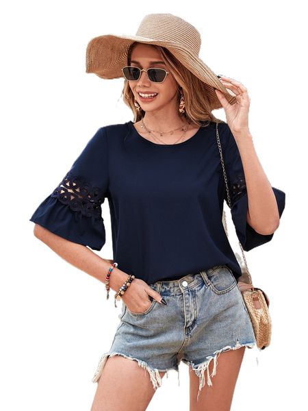 

guipure lace detail flounce cuff blouse y9c7#, White