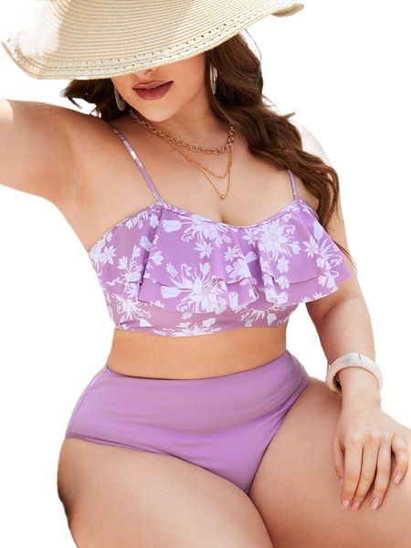 

plus floral print tiered layer bikini swimsuit 88pj#, White;black