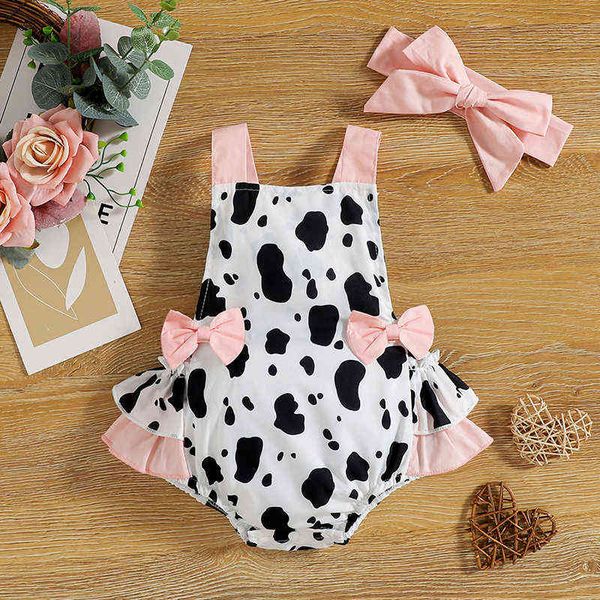 Reizender Säuglingsbaby-Sommer-Strampler, der Kuh-Flecken-Druck-ärmelloses Bowknot-Strampler-Overall-Stirnband-Sunsuits-Kleidung G220521 druckt