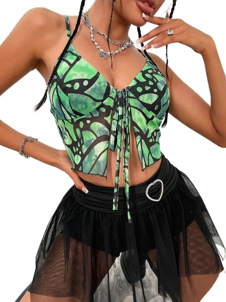 

allover print tie front mesh cami j5v0#, White