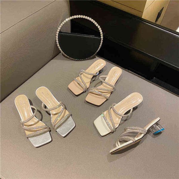 

slippers rhinestone narrow band women open toe beige white silver mules shoes round mid heels crystal clear pumps soze 39 220328, Black
