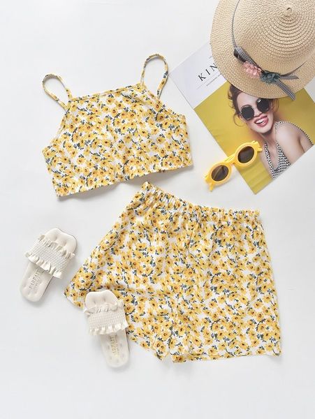 

girls allover floral print crop cami with shorts she, White