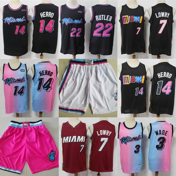 

miami''heat''men throwback jerseys dwyane 3 wade tyler 14 herro jimmy 22 butler kyle 7 lowry basketball shorts basketbal, Black;red