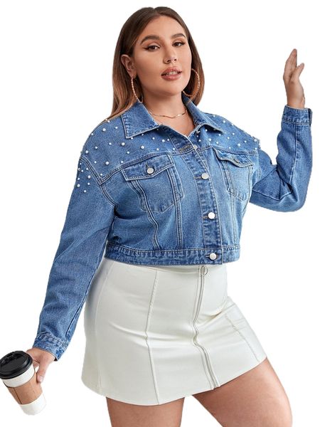 

plus pearls beaded drop shoulder denim jacket c5zr#, Black;brown