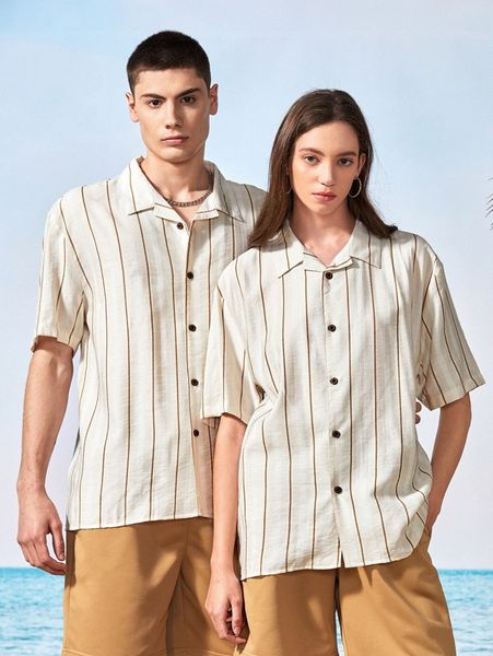 

1pc striped button through shirt q7jz#, White;black